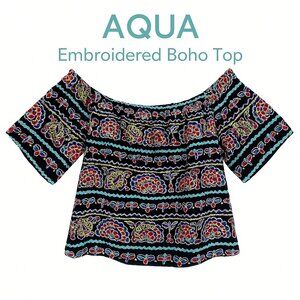 Aqua Romeo & Juliet Embroidered Off Shoulder Boho Peasant Top Multi M Holiday